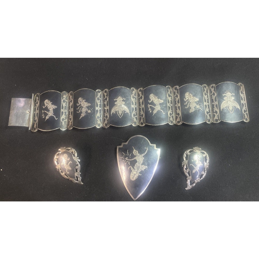 Vintage Siam Sterling Silver Niello 4pc Set Bracelet Brooch Earrings 73.9g